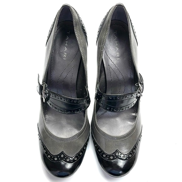 TAHARI GRAY & BLACK MARY JANE HEELS - Picture 2 of 7